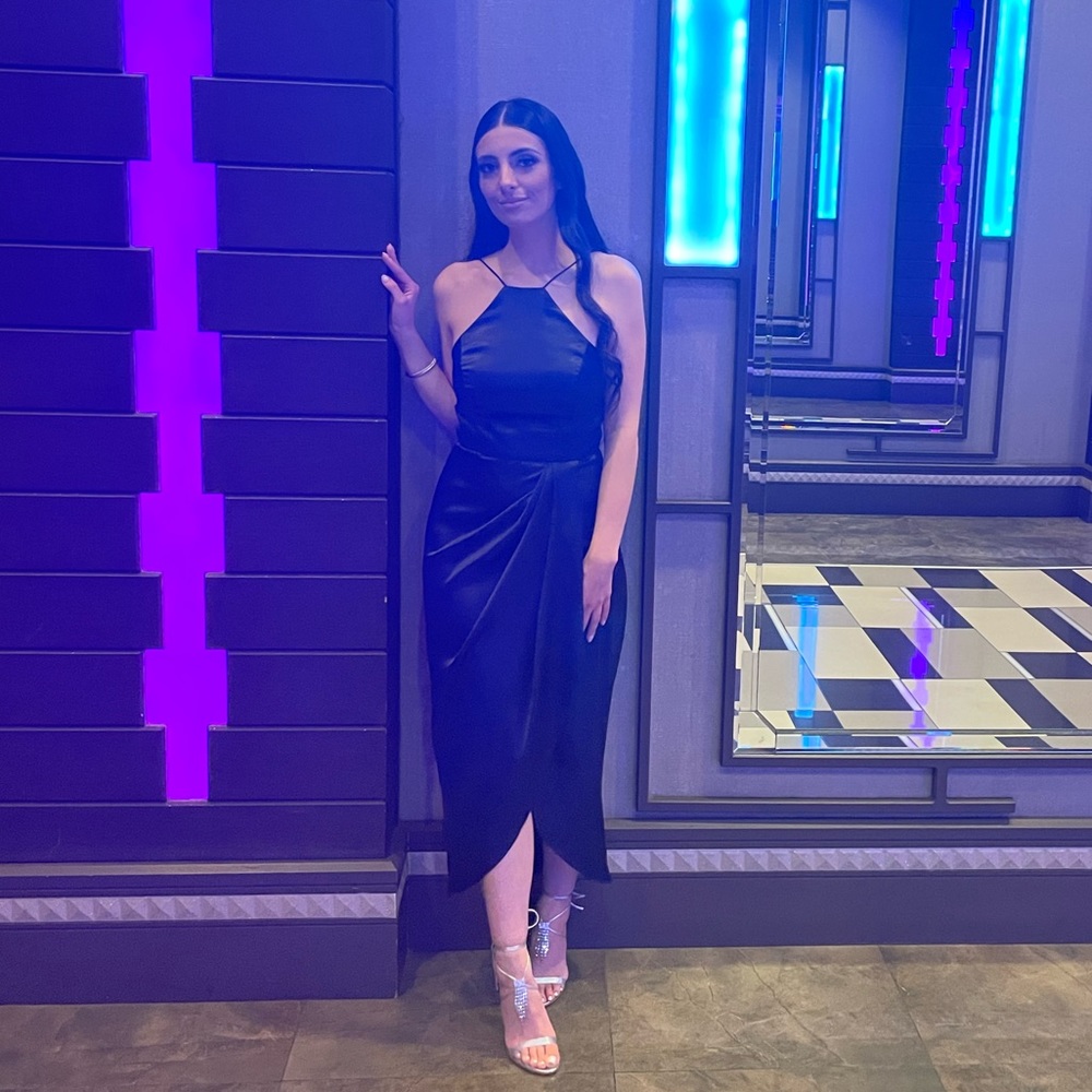 After Six Bow Halter Neck Stretch Satin Gown Size 6